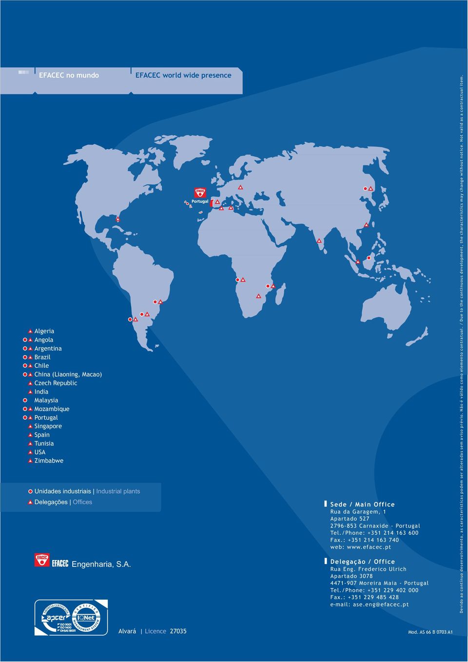 : +351 214 163 740 web: www.efacec.pt Delegação / Office Rua Eng. Frederico Ulrich Apartado 3078 4471-907 Moreira Maia - Portugal Tel./Phone: +351 229 402 000 Fax.: +351 229 485 428 e-mail: ase.