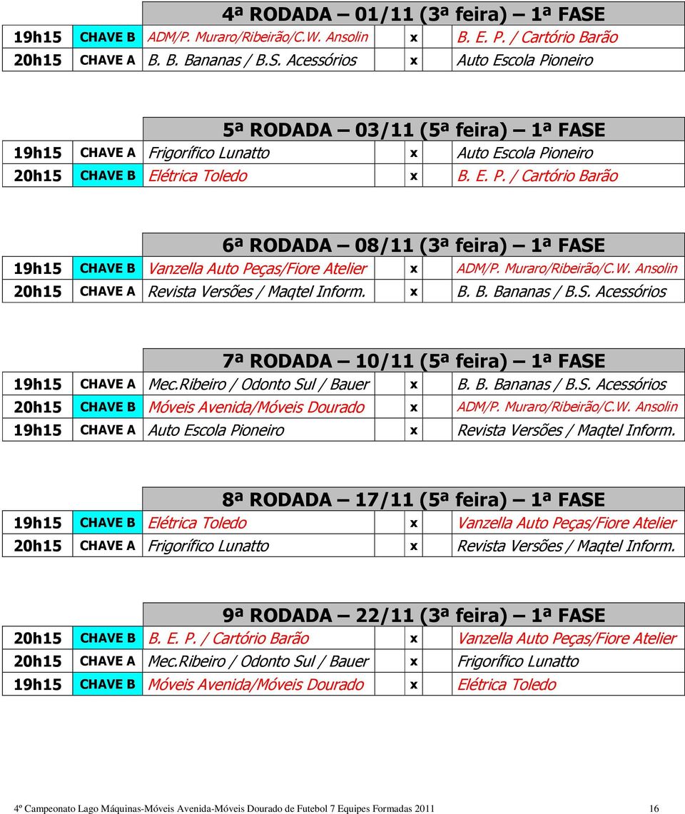 S. Acessórios 7ª RODADA 10/11 (5ª feira) 1ª FASE 19h15 CHAVE A Mec.Ribeiro / Odonto Sul / Bauer x B. B. Bananas / B.S. Acessórios 20h15 CHAVE B Móveis Avenida/Móveis Dourado x ADM/P.