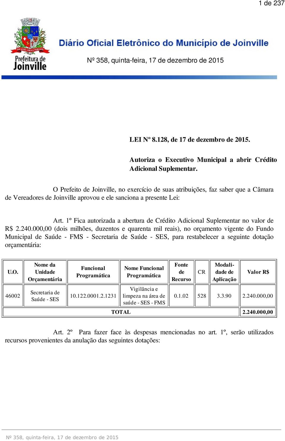 1º Fica autorizada a abertura de Crédito Adicional Suplementar no valor de R$ 2.240.