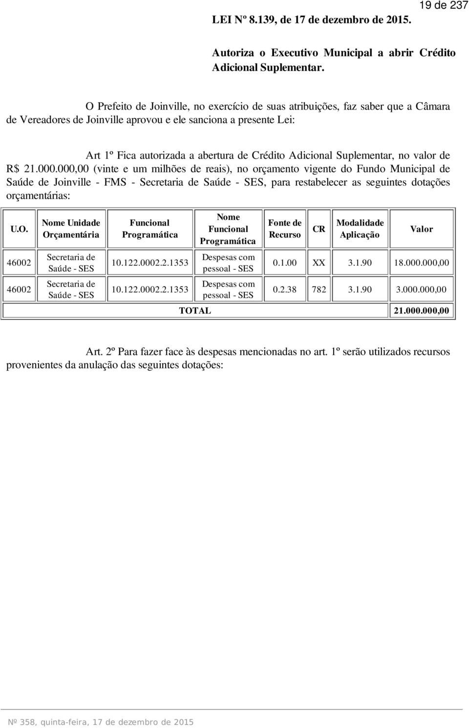 Adicional Suplementar, no valor de R$ 21.000.