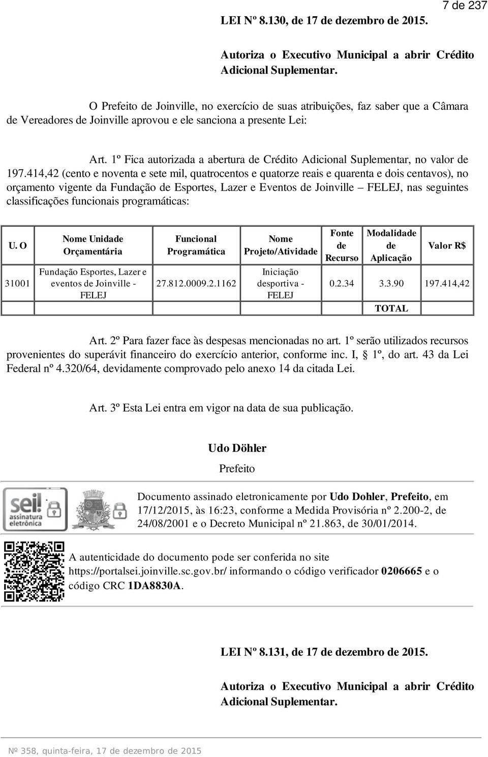 1º Fica autorizada a abertura de Crédito Adicional Suplementar, no valor de 197.