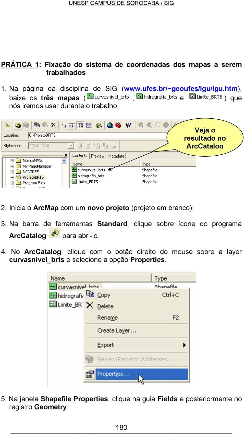 Inicie o ArcMap com um novo projeto (projeto em branco); 3. Na barra de ferramentas Standard, clique sobre ícone do programa ArcCatalog para abri-lo. 4.