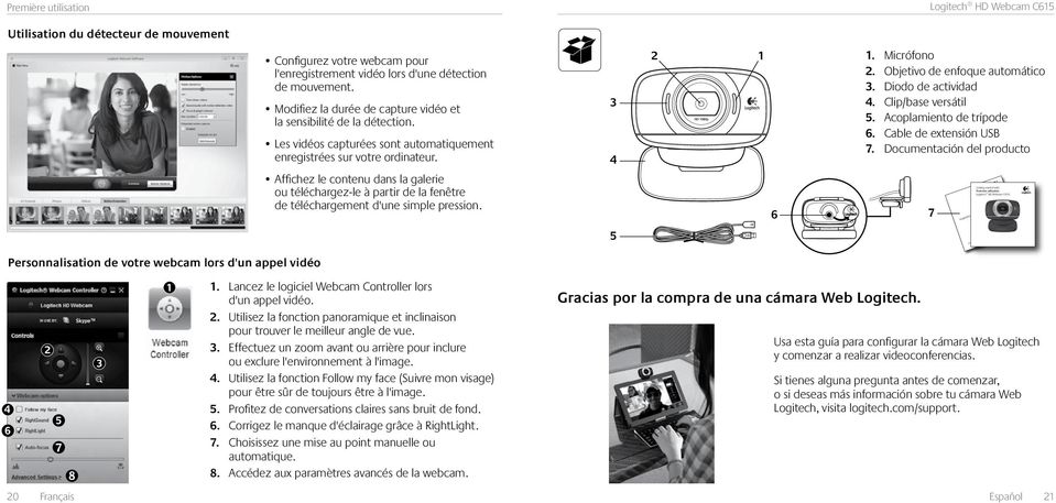 Affichez le contenu dans la galerie ou téléchargez-le à partir de la fenêtre de téléchargement d'une simple pression. 3 4 2 1 6 1. Micrófono 2. Objetivo de enfoque automático 3. Diodo de actividad 4.