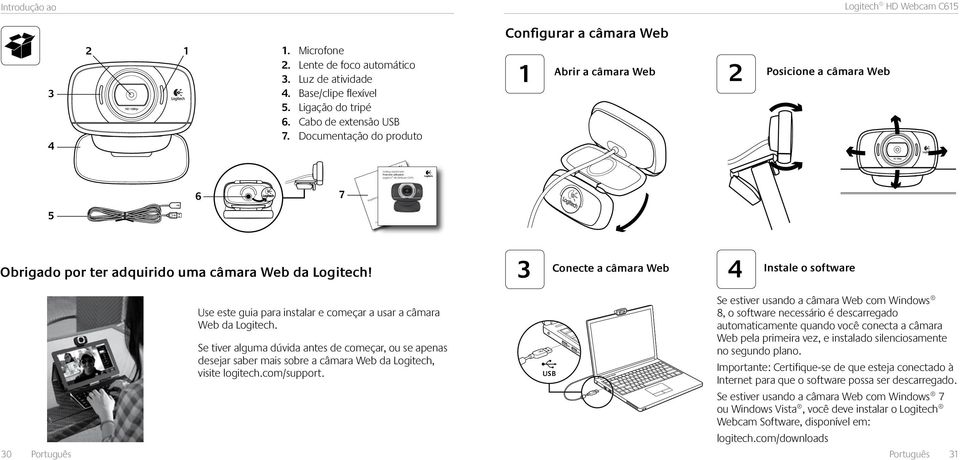 Obrigado por ter adquirido uma câmara Web da Logitech! Use este guia para instalar e começar a usar a câmara Web da Logitech.