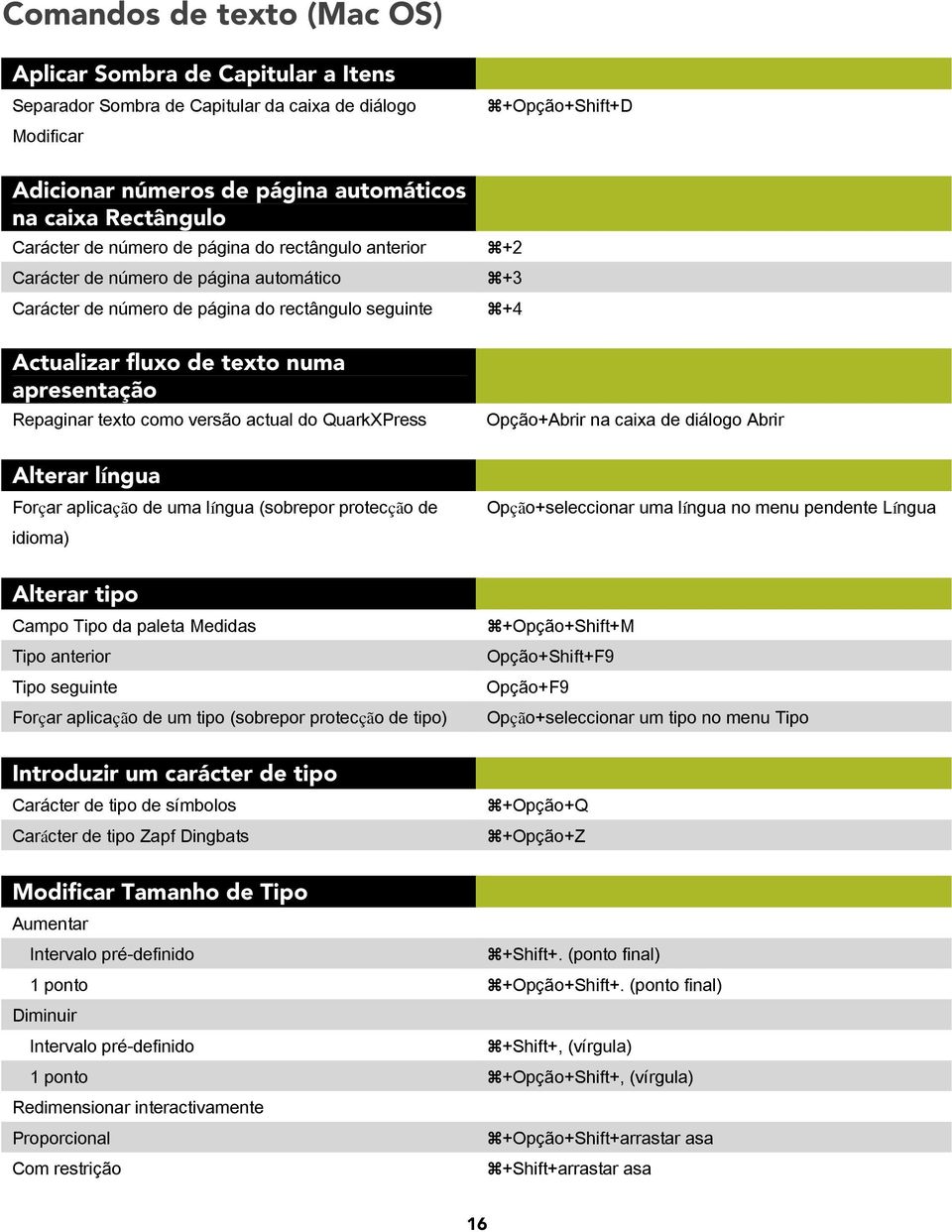 Repaginar texto como versão actual do QuarkXPress Alterar língua Forçar aplicação de uma língua (sobrepor protecção de idioma) Alterar tipo Campo Tipo da paleta Medidas Tipo anterior Tipo seguinte