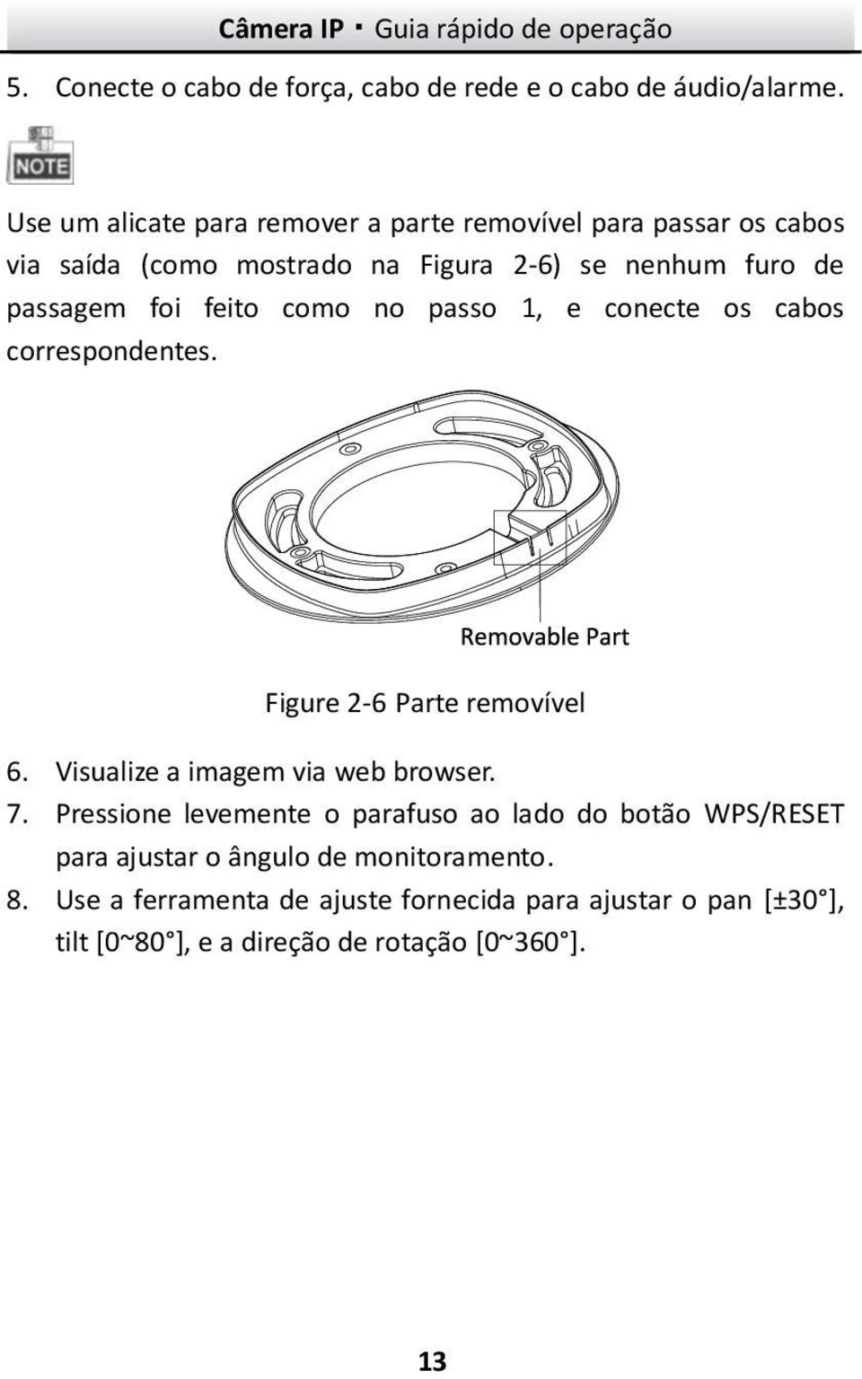 foi feito como no passo 1, e conecte os cabos correspondentes. Figure 2-6 Parte removível 6. Visualize a imagem via web browser. 7.