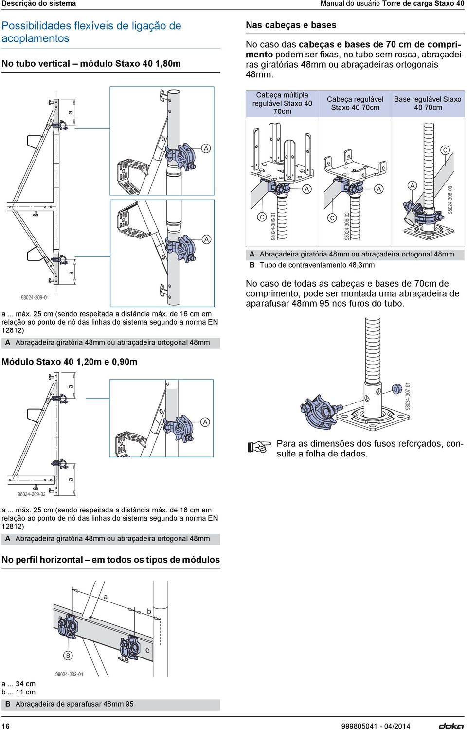 a Cabeça múltipla regulável Staxo 40 70cm Cabeça regulável Staxo 40 70cm Base regulável Staxo 40 70cm C C 98024-306-01 C 98024-306-02 98024-306-03 braçadeira giratória 48mm ou abraçadeira ortogonal