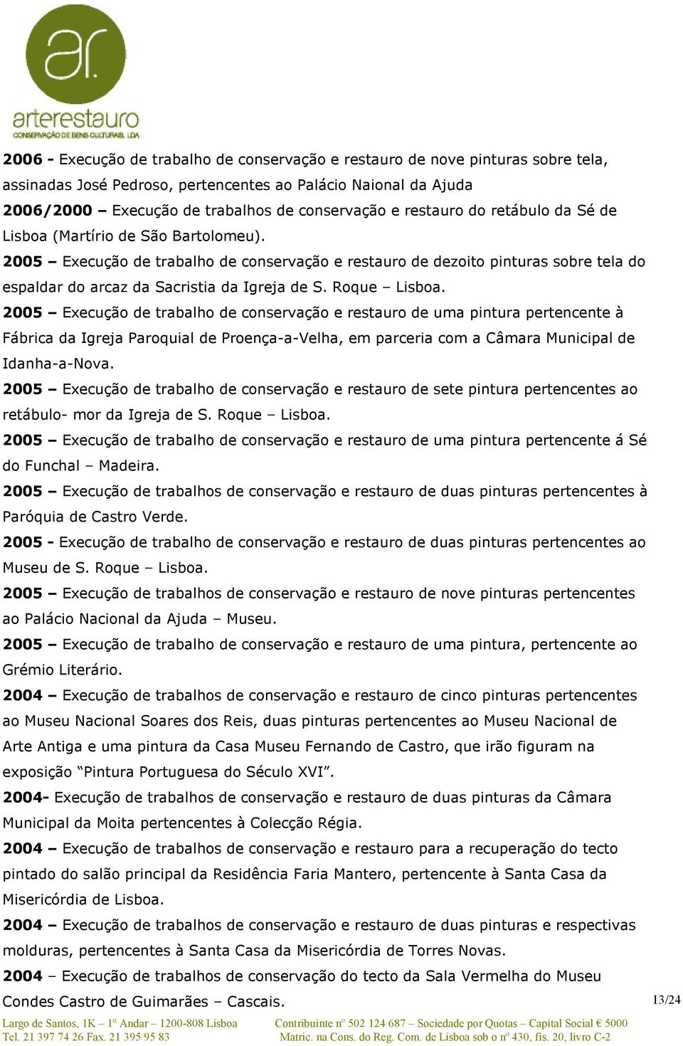 Roque Lisboa. 2005 Execução de trabalho de conservação e restauro de uma pintura pertencente à Fábrica da Igreja Paroquial de Proença-a-Velha, em parceria com a Câmara Municipal de Idanha-a-Nova.