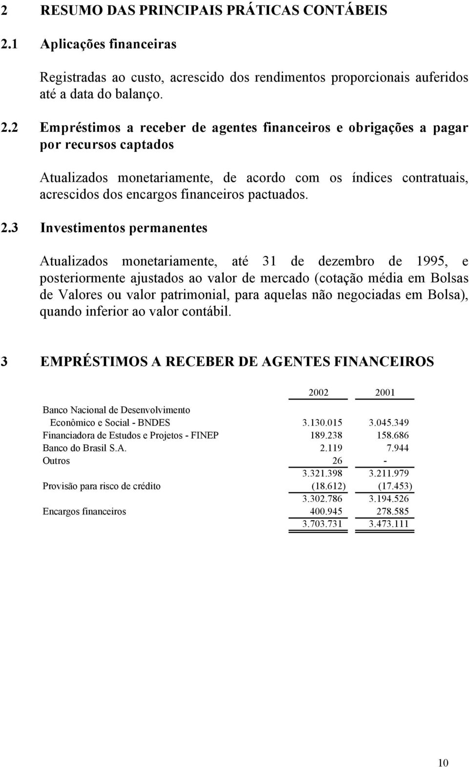 2 Empréstimos a receber de agentes financeiros e obrigações a pagar por recursos captados Atualizados monetariamente, de acordo com os índices contratuais, acrescidos dos encargos financeiros