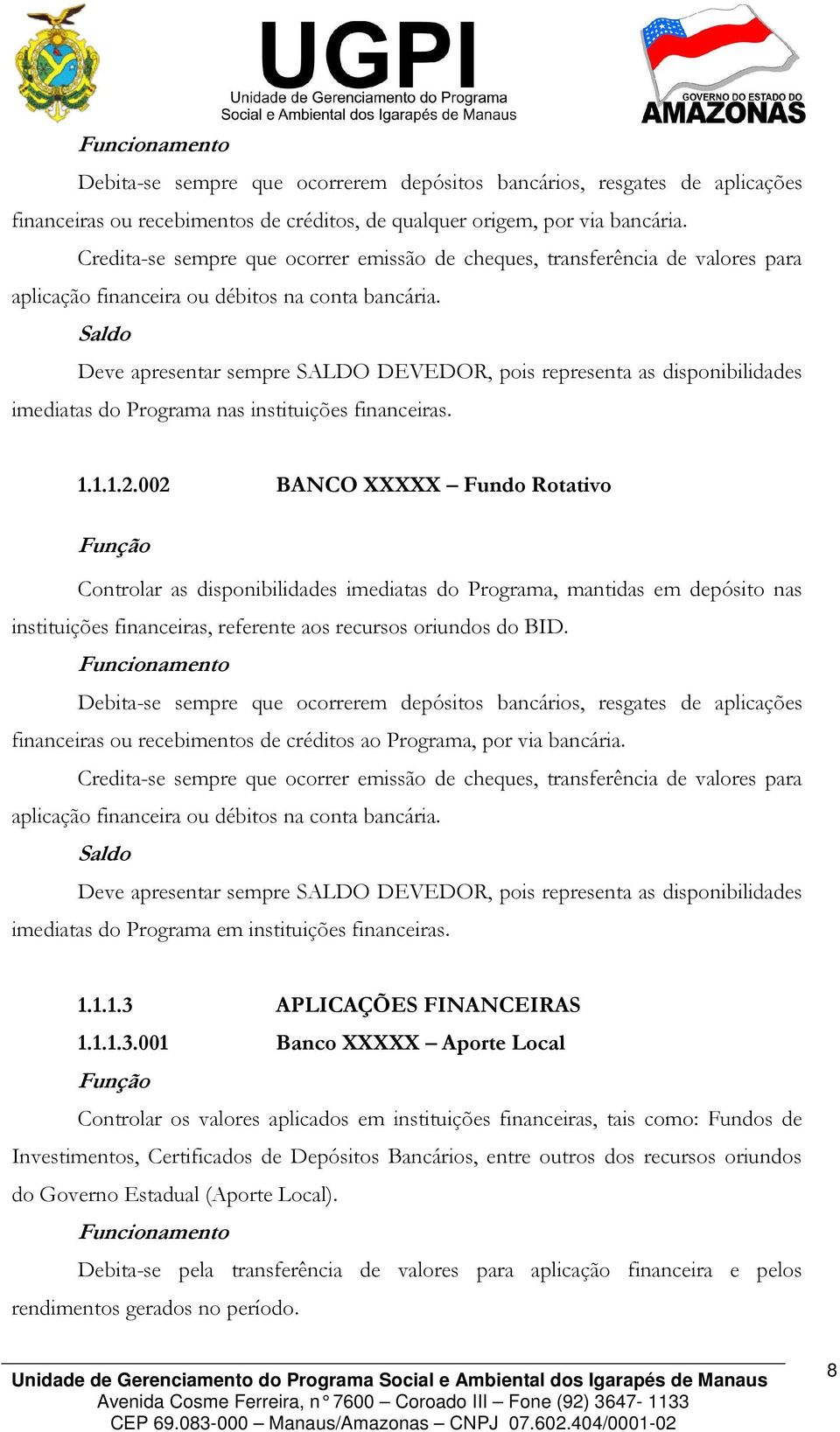 Deve apresentar sempre SALDO DEVEDOR, pois representa as disponibilidades imediatas do Programa nas instituições financeiras. 1.1.1.2.