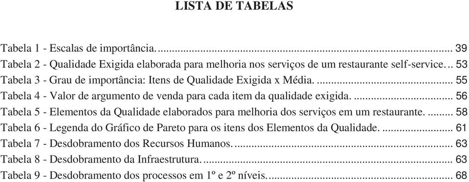 ... 56 Tabela 5 - Elementos da Qualidade elaborados para melhoria dos serviços em um restaurante.