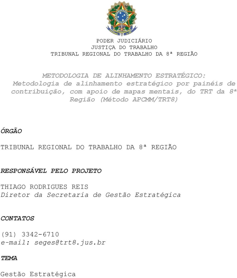 APCMM/TRT8) ÓRGÃO RESPONSÁVEL PELO PROJETO THIAGO RODRIGUES REIS Diretor da Secretaria