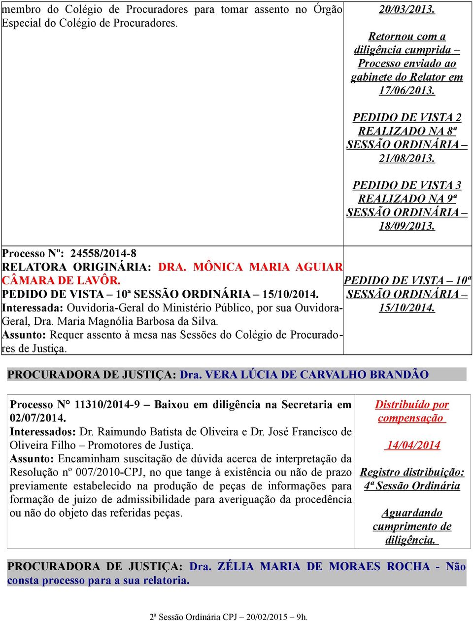 PEDIDO DE VISTA 10ª PEDIDO DE VISTA 10ª 15/10/2014. Interessada: Ouvidoria-Geral do Ministério Público, por sua Ouvidora- 15/10/2014. Geral, Dra. Maria Magnólia Barbosa da Silva.