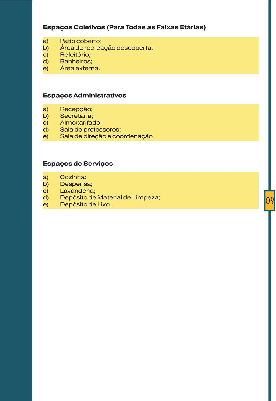 Espaços Administrativos a) Recepção; b) Secretaria; c) Almoxarifado; d) Sala de professores; e)