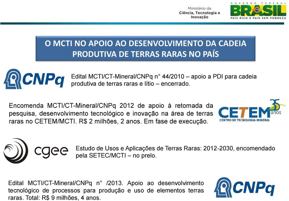 Encomenda MCTI/CT-Mineral/CNPq 2012 de apoio à retomada da pesquisa, desenvolvimento tecnológico e inovação na área de terras raras no CETEM/MCTI.