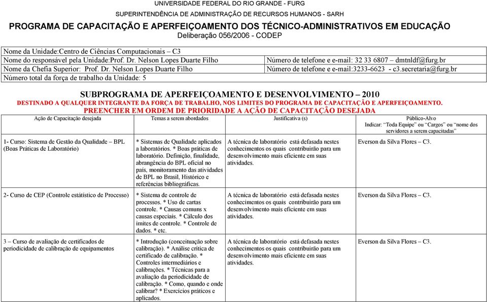 br Número de telefone e e-mail:3233-6623 - c3.secretaria@furg.br 1- Curso: Sistema de Gestão da Qualidade BPL (Boas Práticas de Laboratório) * Sistemas de Qualidade aplicados a laboratórios.