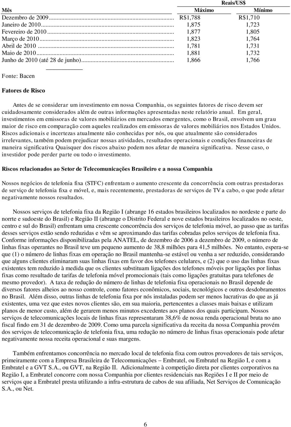 .. 1,866 1,766 Fonte: Bacen Fatores de Risco Antes de se considerar um investimento em nossa Companhia, os seguintes fatores de risco devem ser cuidadosamente considerados além de outras informações