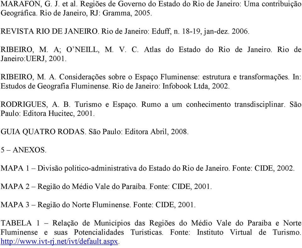 In: Estudos de Geografia Fluminense. Rio de Janeiro: Infobook Ltda, 2002. RODRIGUES, A. B. Turismo e Espaço. Rumo a um conhecimento transdisciplinar. São Paulo: Editora Hucitec, 2001.