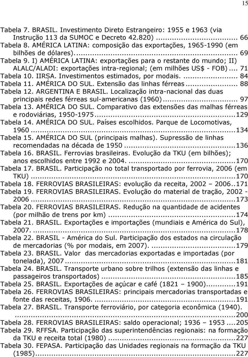 I) AMÉRICA LATINA: exportações para o restante do mundo; II) ALALC/ALADI: exportações intra-regional; (em milhões US$ - FOB)... 71 Tabela 10. IIRSA. Investimentos estimados, por modais.... 84 Tabela 11.