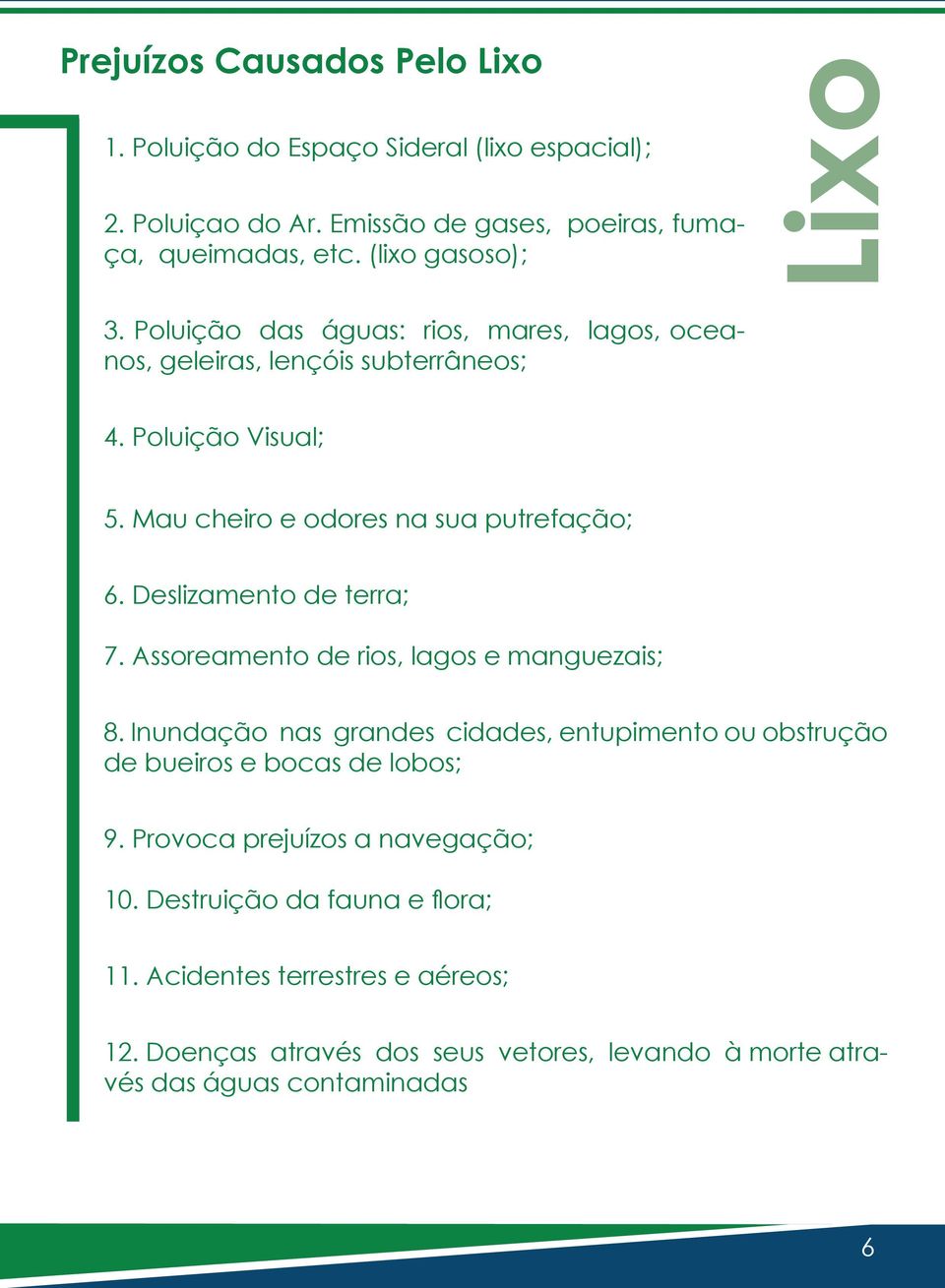 Mau cheiro e odores na sua putrefação; 6. Deslizamento de terra; 7. Assoreamento de rios, lagos e manguezais; 8.