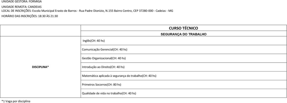 155 Bairro Centro, CEP 37280-000 - Cadeias - MG HORÁRIO DAS INSCRIÇÕES: 18:30 ÀS 21:30 Inglês(CH: 40 SEGURANÇA