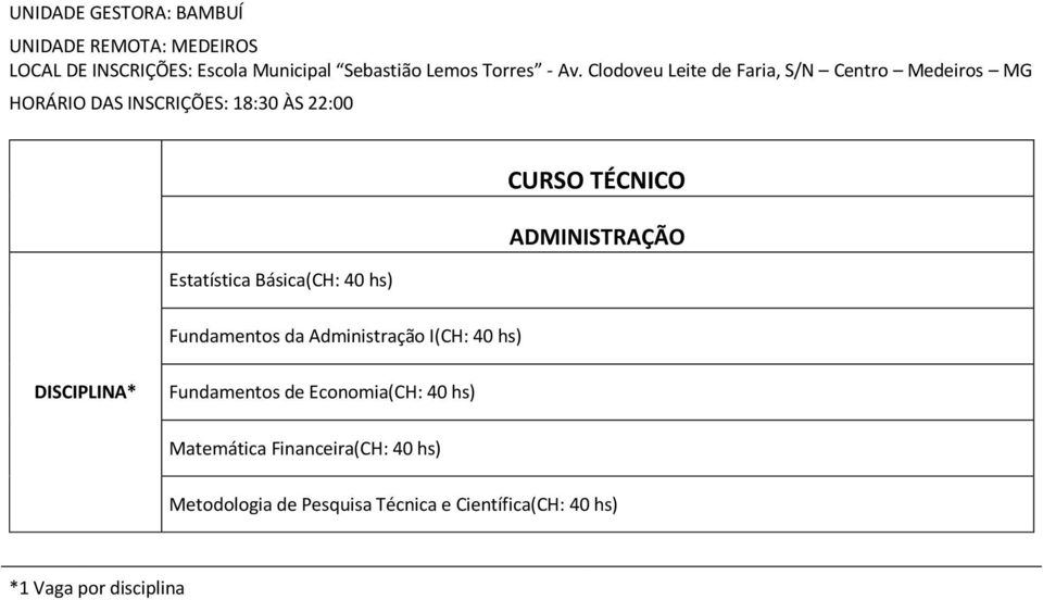 Clodoveu Leite de Faria, S/N Centro Medeiros MG HORÁRIO DAS INSCRIÇÕES: 18:30 ÀS 22:00