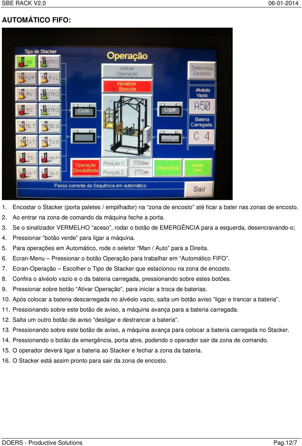 5. Para operações em Automático, rode o seletor Man / Auto para a Direita. 6. Ecran-Menu Pressionar o botão Operação para trabalhar em Automático FIFO. 7.