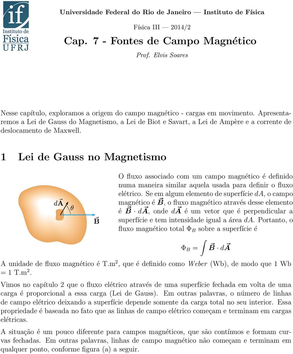 Apresentaremos a Lei de Gauss do Magnetismo, a Lei de Biot e Savart, a Lei de Ampère e a corrente de deslocamento de Maxwell.