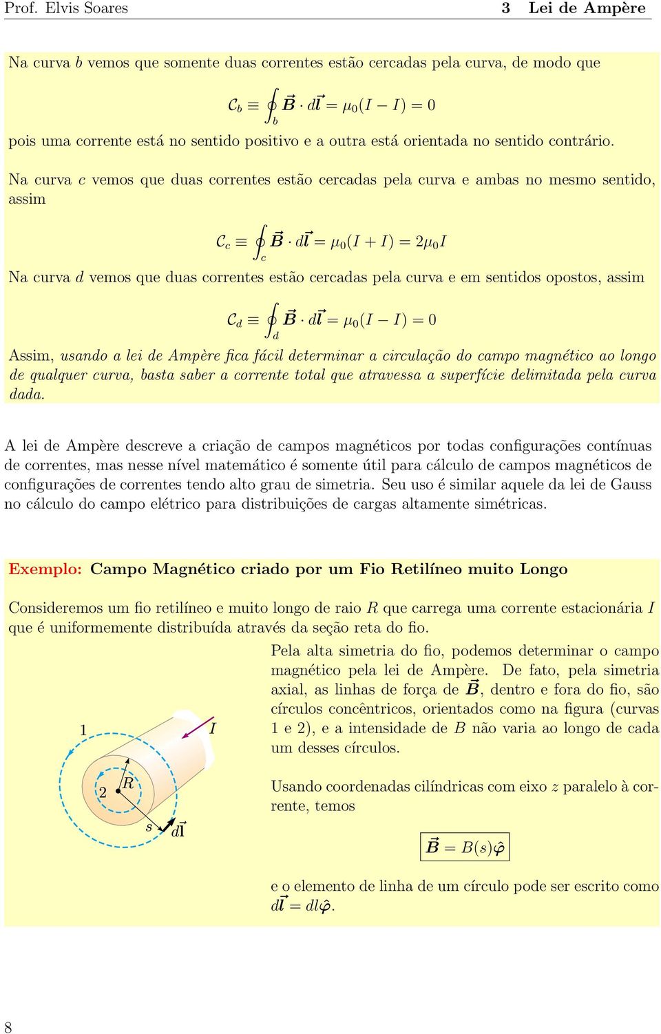 Na curva c vemos que duas correntes estão cercadas pela curva e ambas no mesmo sentido, assim C c B d l = µ 0 (I + I) = 2µ 0 I c Na curva d vemos que duas correntes estão cercadas pela curva e em