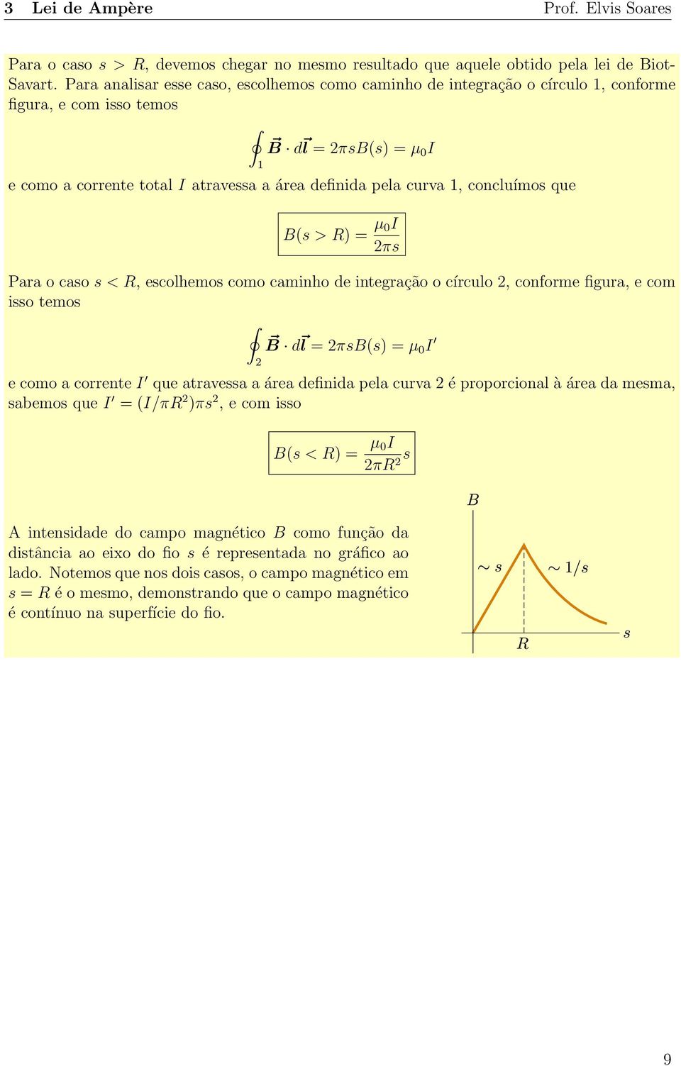 1, concluímos que B(s > R) = µ 0I 2πs Para o caso s < R, escolhemos como caminho de integração o círculo 2, conforme figura, e com isso temos B d l = 2πsB(s) = µ 0 I 2 e como a corrente I que