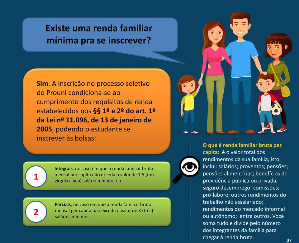 096, de 13 de janeiro de 2005, podendo o estudante se inscrever às bolsas: 1 2 Integrais, no caso em que a renda familiar bruta mensal per capita não exceda o valor de 1,5 (um vírgula cinco) salário