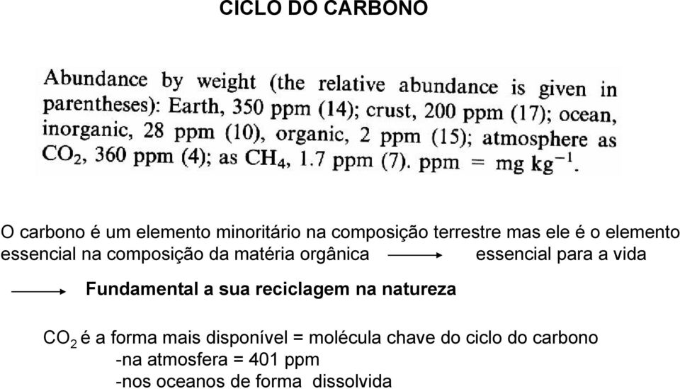 Fundamental a sua reciclagem na natureza CO 2 é a forma mais disponível = molécula