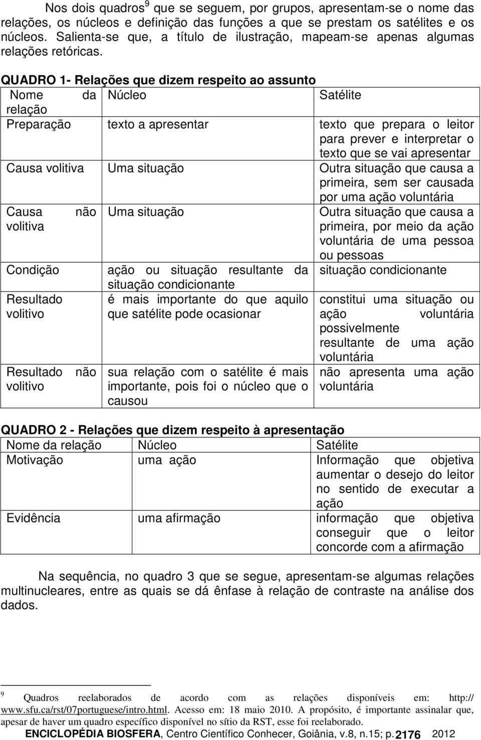 QUADRO 1- Relações que dizem respeito ao assunto Nome da Núcleo Satélite relação Preparação texto a apresentar texto que prepara o leitor para prever e interpretar o texto que se vai apresentar Causa