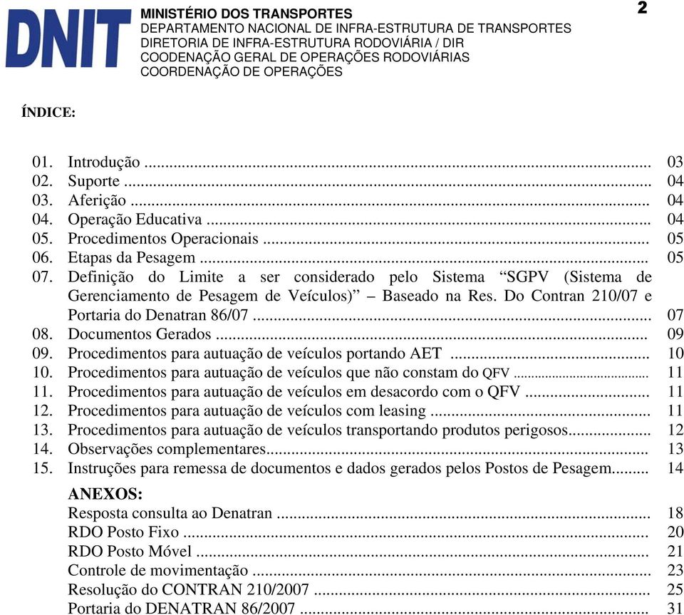 .. 07 08. Documentos Gerados... 09 09. Procedimentos para autuação de veículos portando AET... 10 10. Procedimentos para autuação de veículos que não constam do QFV... 11 11.