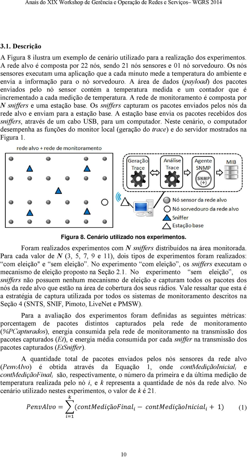 A área de dados (payload) dos pacotes enviados pelo nó sensor contém a temperatura medida e um contador que é incrementado a cada medição de temperatura.