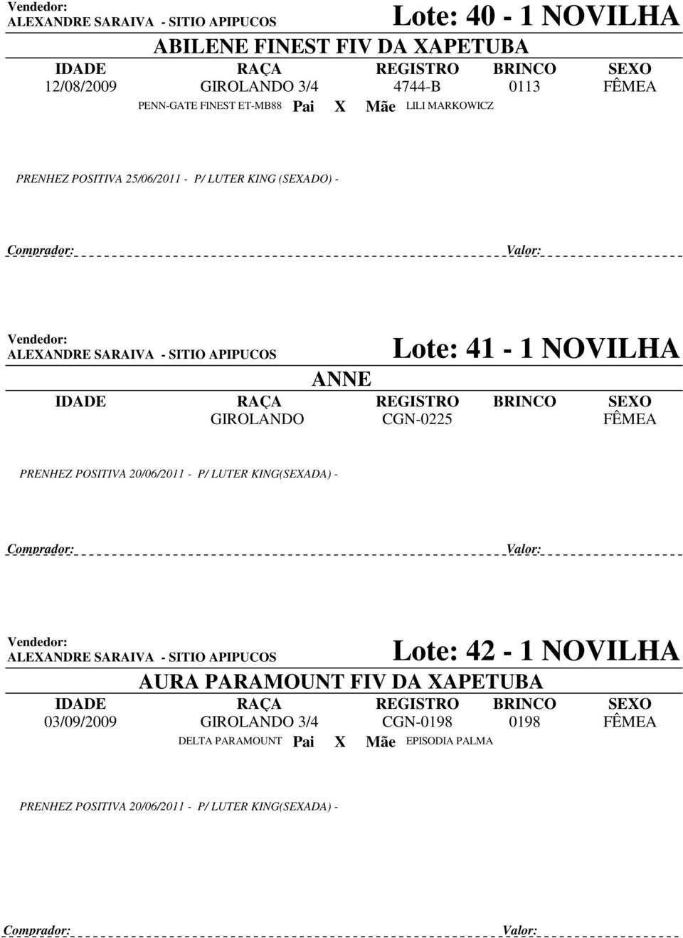 CGN-0225 PRENHEZ POSITIVA 20/06/2011 - P/ LUTER KING(SEXADA) - 03/09/2009 Lote: 42-1 NOVILHA AURA PARAMOUNT