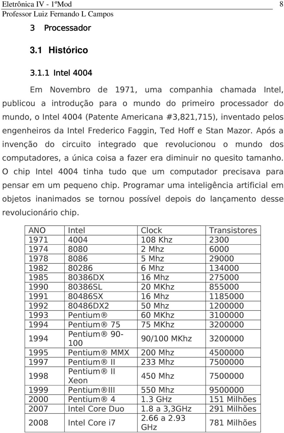 1 Intel 4004 Em Novembro de 1971, uma companhia chamada Intel, publicou a introdução para o mundo do primeiro processador do mundo, o Intel 4004 (Patente Americana #3,821,715), inventado pelos