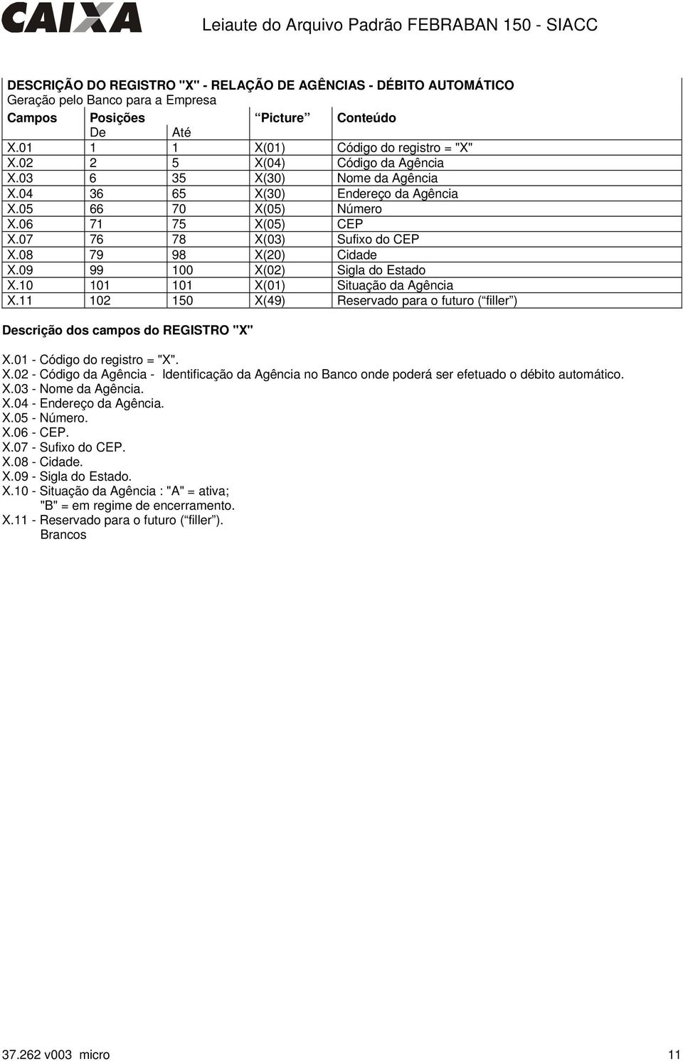 09 99 100 X(02) Sigla do Estado X.10 101 101 X(01) Situação da Agência X.11 102 150 X(49) Reservado para o futuro ( filler ) scrição dos campos do REGISTRO "X" X.01 - Código do registro = "X". X.02 - Código da Agência - Identificação da Agência no Banco onde poderá ser efetuado o débito automático.