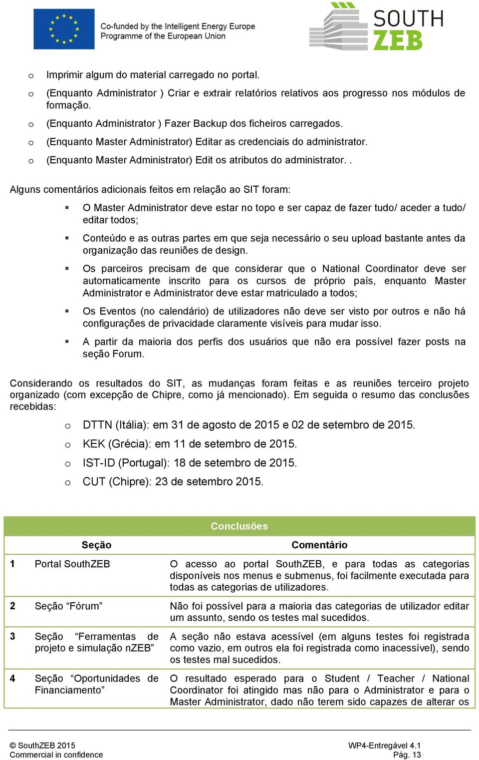 . Alguns cmentáris adicinais feits em relaçã a SIT fram: O Master Administratr deve estar n tp e ser capaz de fazer tud/ aceder a tud/ editar tds; Cnteúd e as utras partes em que seja necessári seu