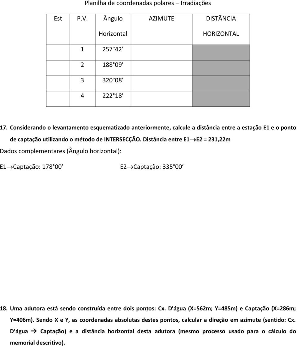 Distância entre E1 E2 = 231,22m Dados complementares (Ângulo horizontal): E1 Captação: 178 00 E2 Captação: 335 00 18. Uma adutora está sendo construída entre dois pontos: Cx.