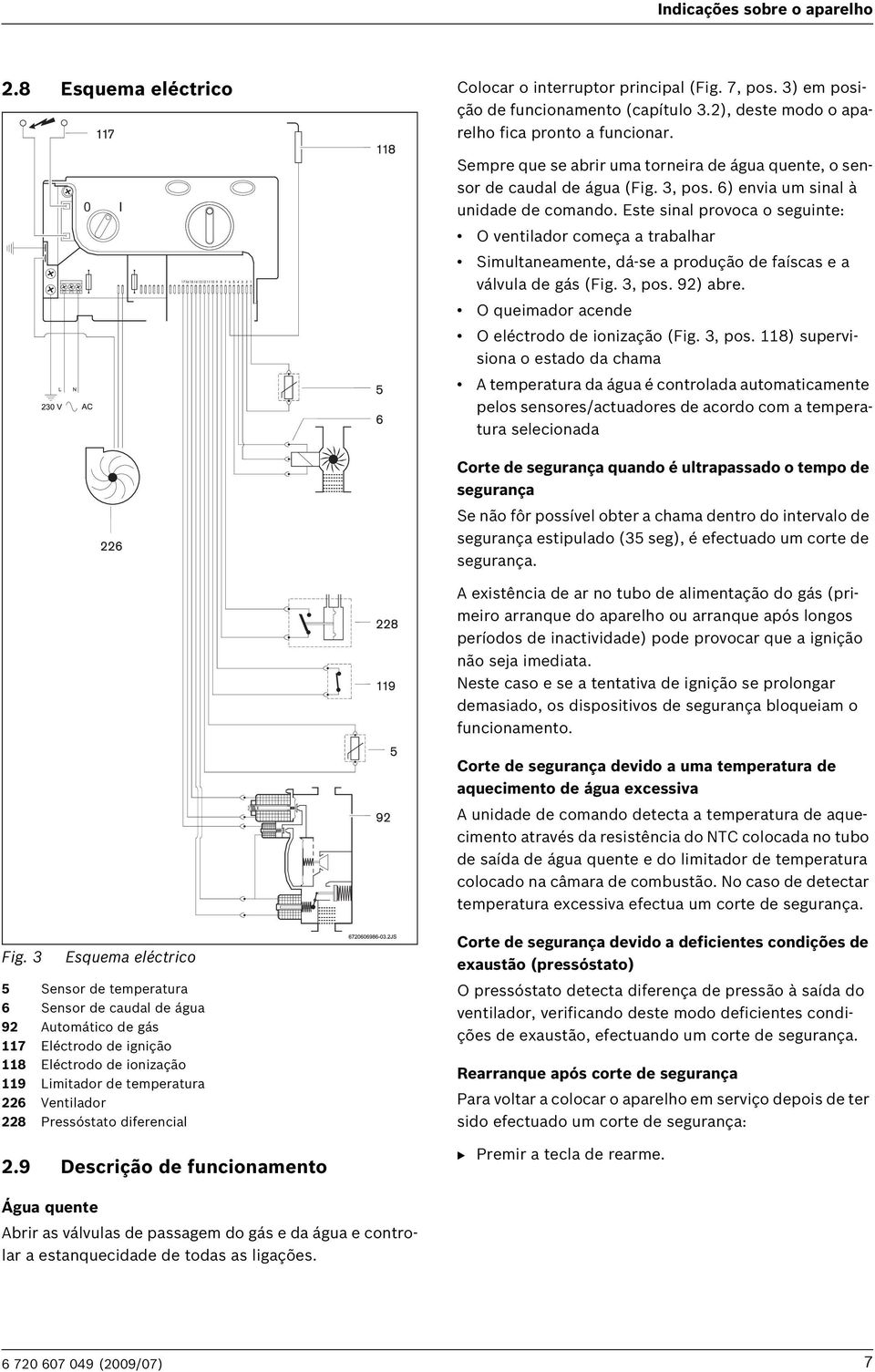 Este sinal provoca o seguinte: O ventilador começa a trabalhar Simultaneamente, dá-se a produção de faíscas e a válvula de gás (Fig. 3, pos. 92) abre. O queimador acende O eléctrodo de ionização (Fig.