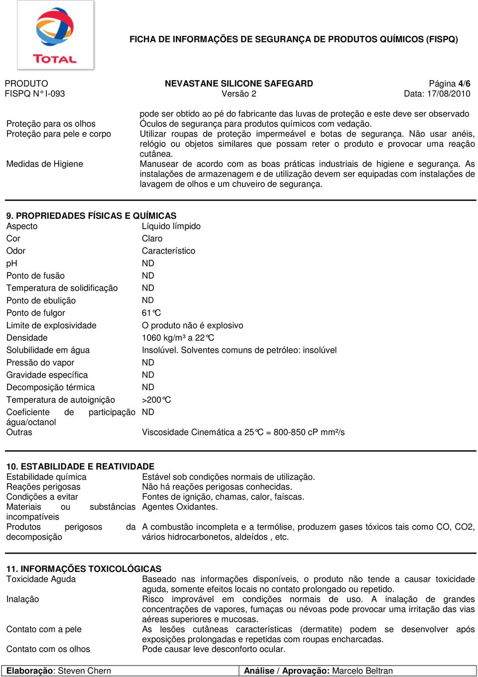 Não usar anéis, relógio ou objetos similares que possam reter o produto e provocar uma reação cutânea. Manusear de acordo com as boas práticas industriais de higiene e segurança.