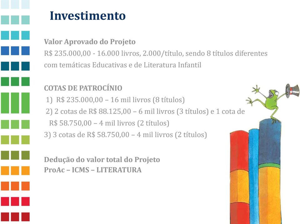 PATROCÍNIO 1) R$ 235.000,00 16 mil livros (8 títulos) 2) 2 cotas de R$ 88.