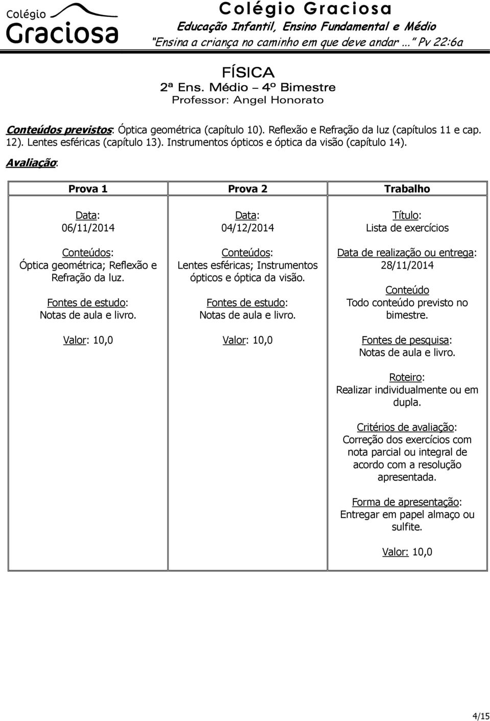 04/12/2014 Lentes esféricas; Instrumentos ópticos e óptica da visão. Notas de aula e livro.