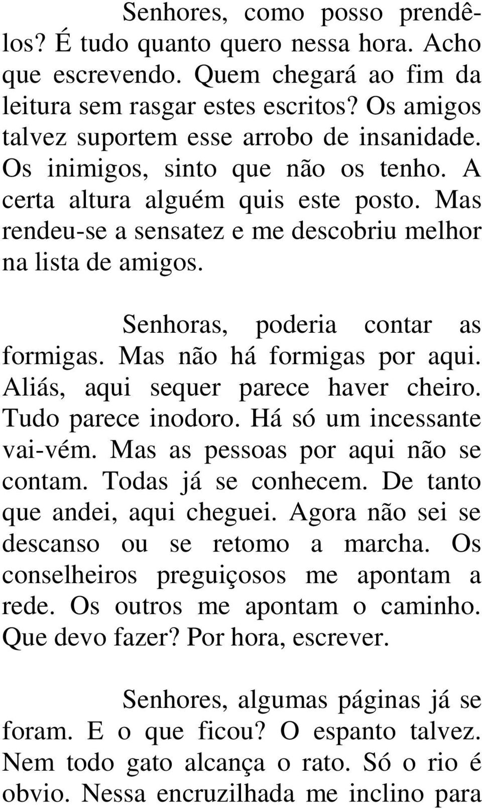 Mas não há formigas por aqui. Aliás, aqui sequer parece haver cheiro. Tudo parece inodoro. Há só um incessante vai-vém. Mas as pessoas por aqui não se contam. Todas já se conhecem.