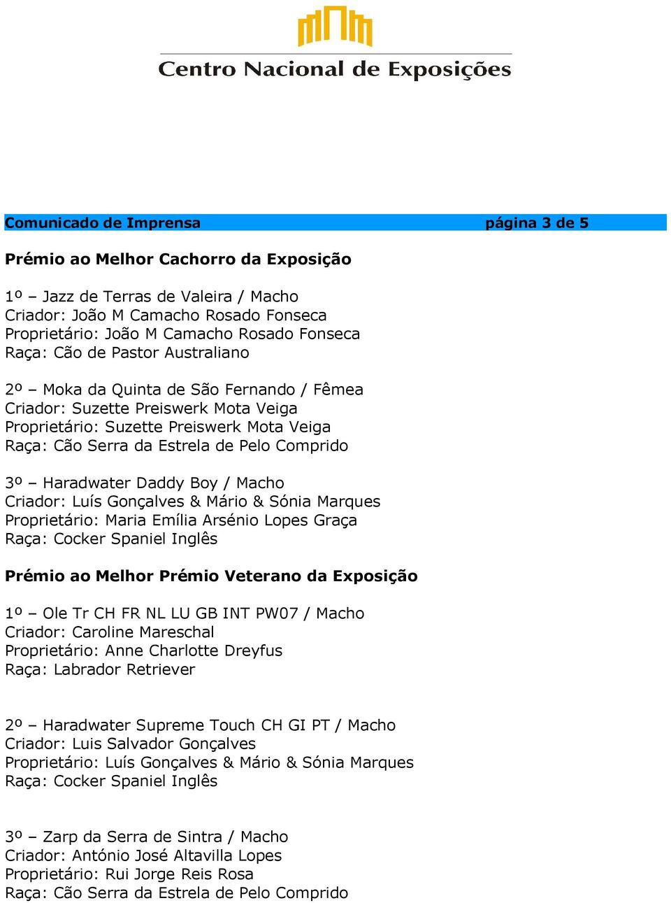 3º Haradwater Daddy Boy / Macho Criador: Luís Gonçalves & Mário & Sónia Marques Proprietário: Maria Emília Arsénio Lopes Graça Prémio ao Melhor Prémio Veterano da Exposição 1º Ole Tr CH FR NL LU GB