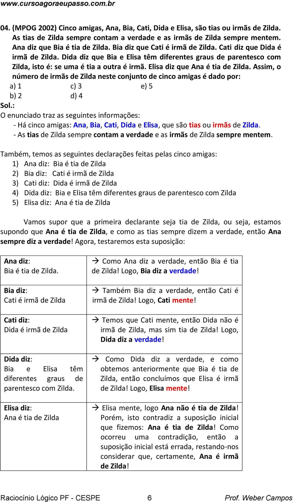 Elisa diz que Aa é tia de Zilda. Assim, o úmero de irmãs de Zilda este cojuto de cico amigas é dado por: a) 1 c) 3 e) 5 b) 2 d) 4 Sol.