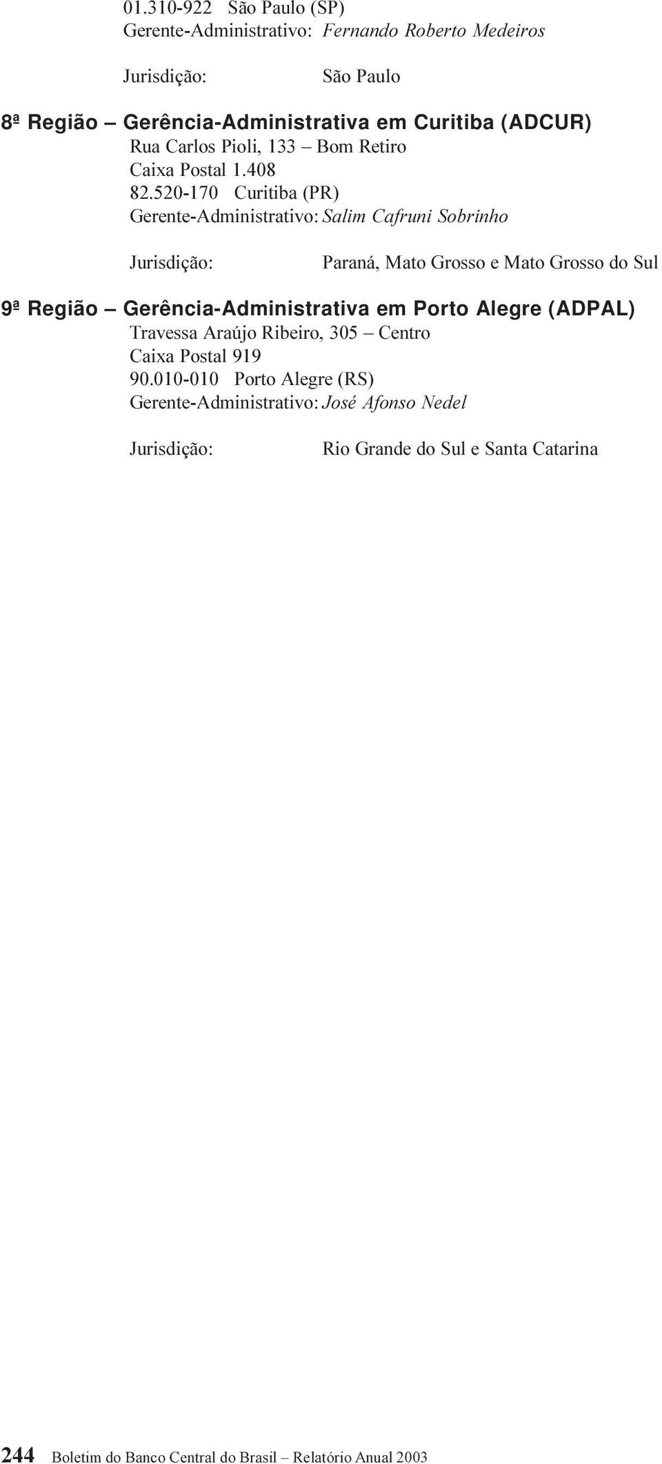 520-170 Curitiba (PR) Gerente-Administrativo: Salim Cafruni Sobrinho Paraná, Mato Grosso e Mato Grosso do Sul 9ª Região Gerência-Administrativa