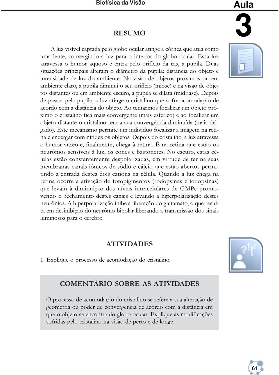 Na visão de objetos próximos ou em ambiente claro, a pupila diminui o seu orifício (miose) e na visão de objetos distantes ou em ambiente escuro, a pupila se dilata (midríase).