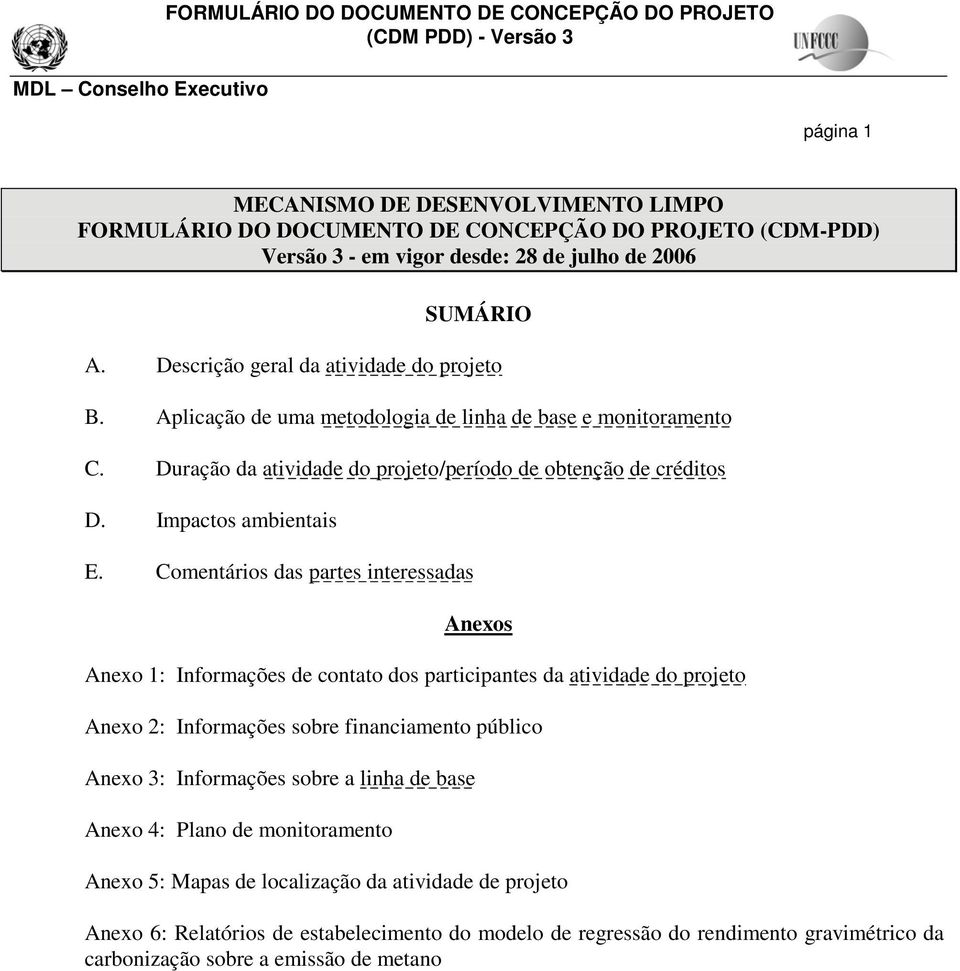 Duração da atividade do projeto/período de obtenção de créditos D. Impactos ambientais E.